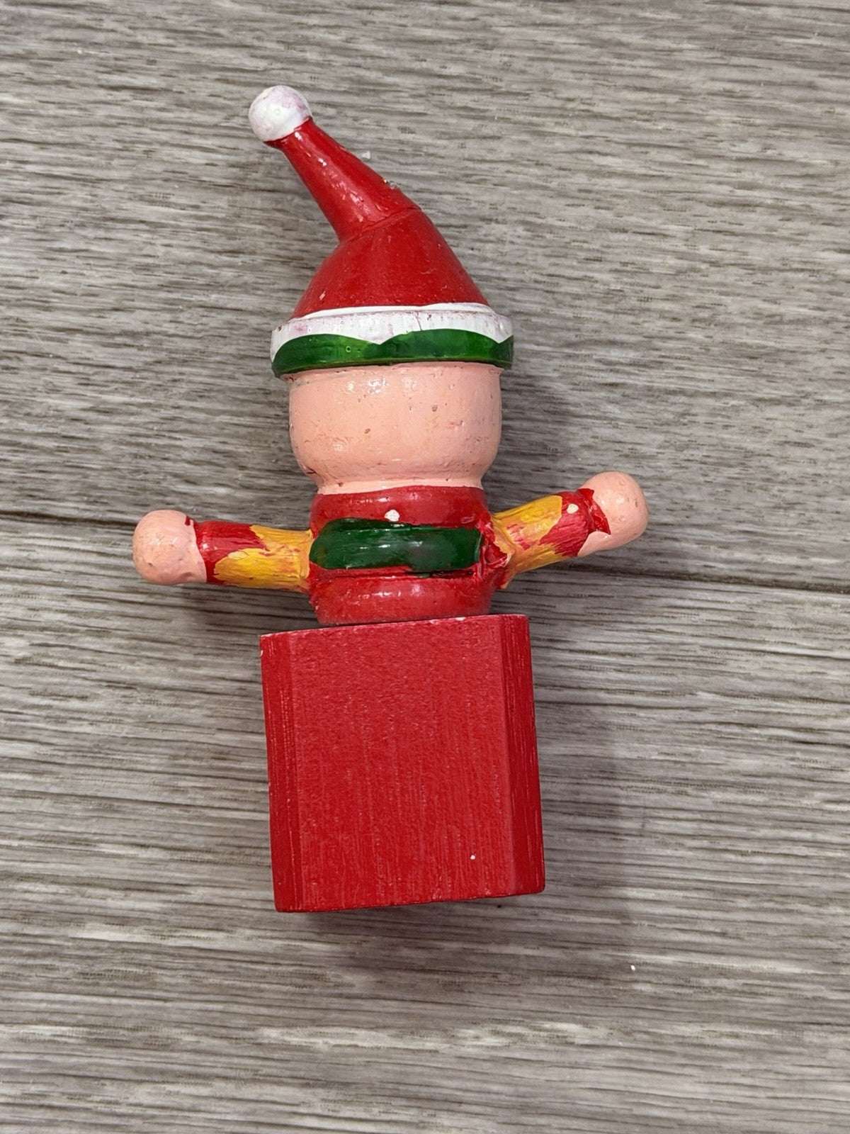 Vintage Wooden Jack In The Box Clown  Red Green Christmas Ornament ~ Taiwan