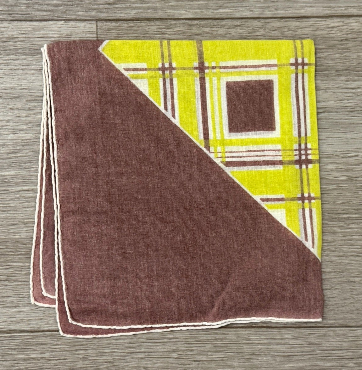Vintage 1960s Mod Handkerchief W/ Geometric Pattern Bright Green & Brown Hanky