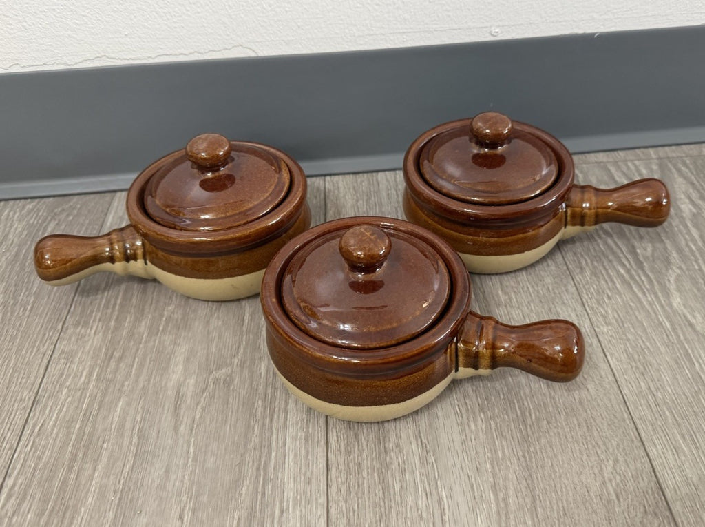 French Onion Crocks with Handle Stoneware with Lids/ Onion Soup Crocks/ Set of 3