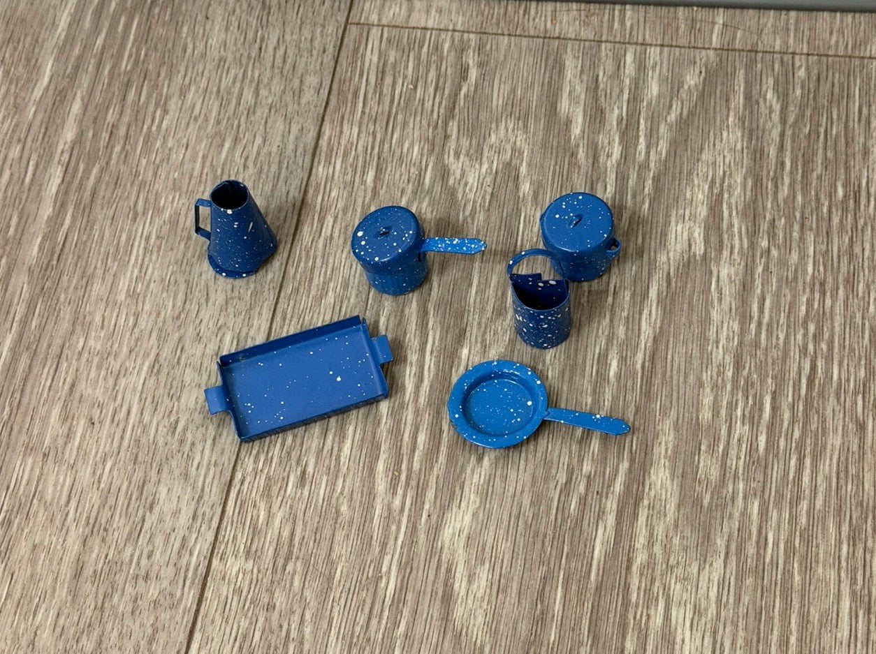Vtg Mini Mismatched Dollhouse Blue Speckled Enamelware Pots Pans Lids Tray 8 Pcs