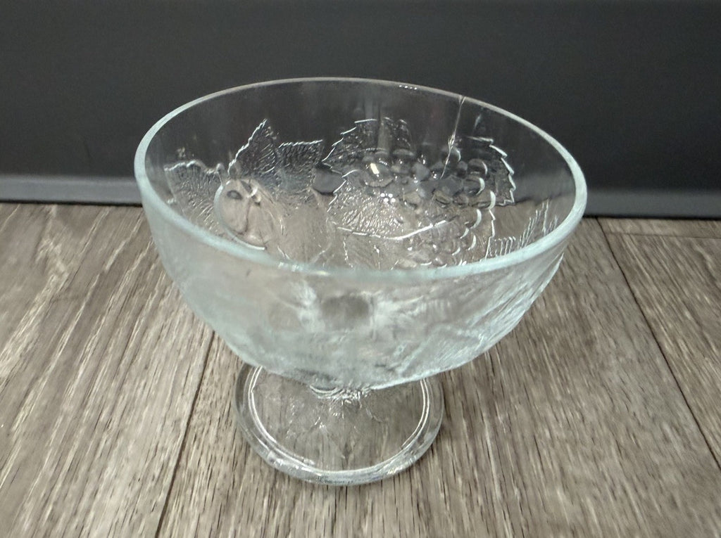 Vintage Footed Glass Bowl W/ Apples & Grapes Fruit Design Holiday Candy Dish