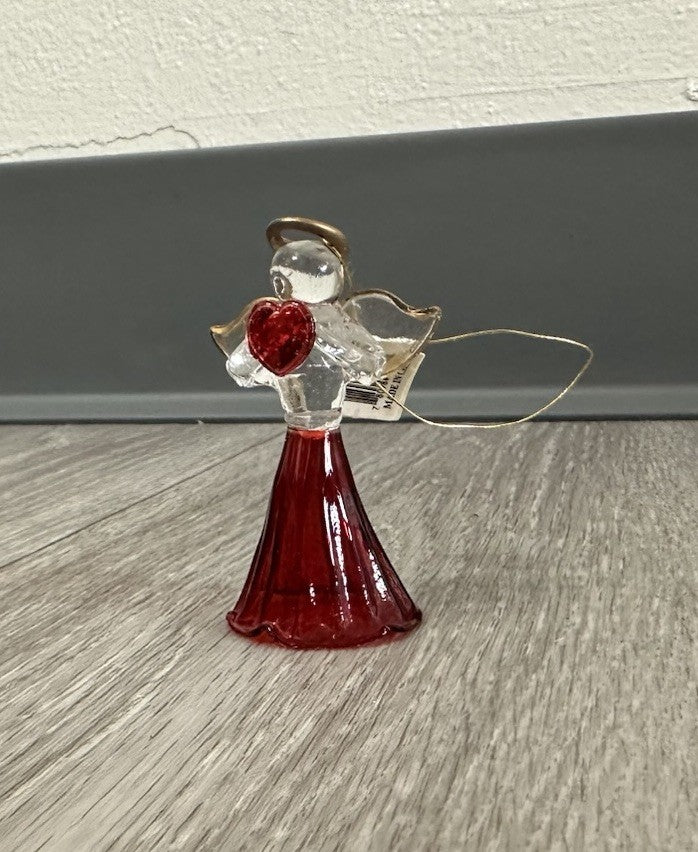 Blown Glass Angel Ornament With Red Heart & Gold Trimmed Wings 2.5"