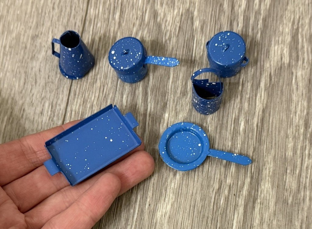 Vtg Mini Mismatched Dollhouse Blue Speckled Enamelware Pots Pans Lids Tray 8 Pcs