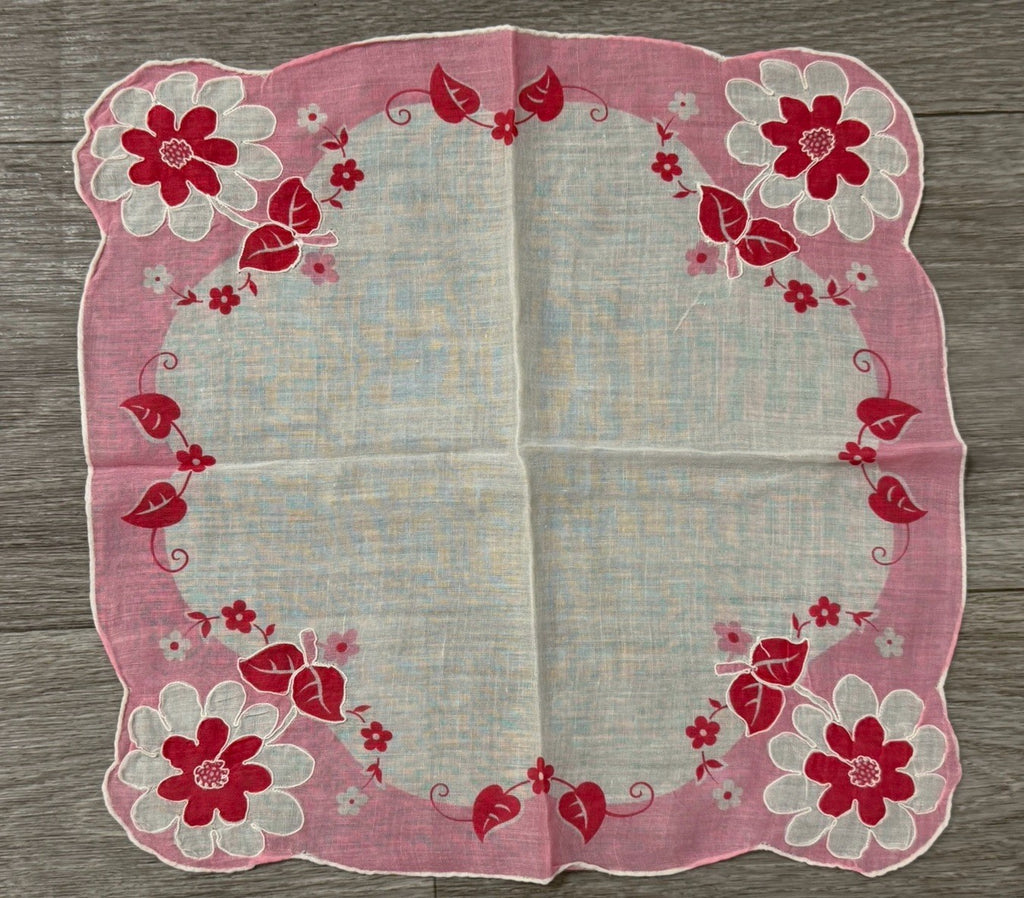Vintage Pink Flowers Floral Wedding Handkerchief 11.5 X 11.75”