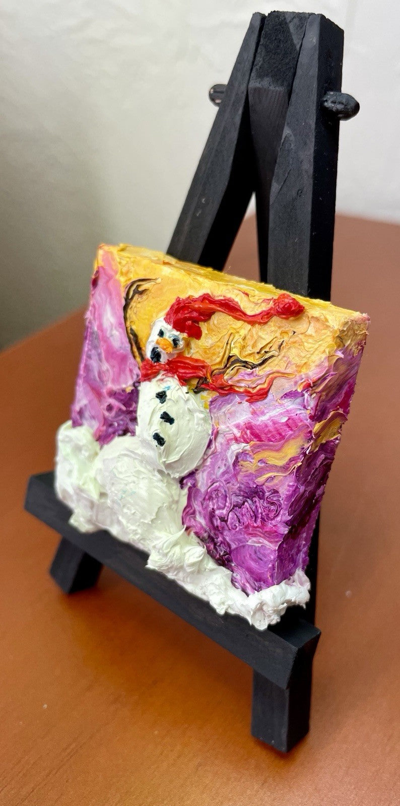 ‘Blown Away’ Snowman New mini oil painting original By Paris Wyatt Llanso 2x2”