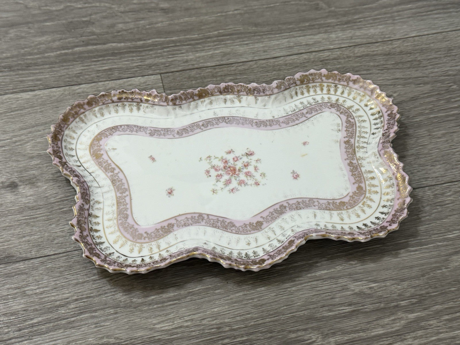 Victoria Carlsbad Austria Dresser Vanity Tray Floral Butterfly Shape Pinks