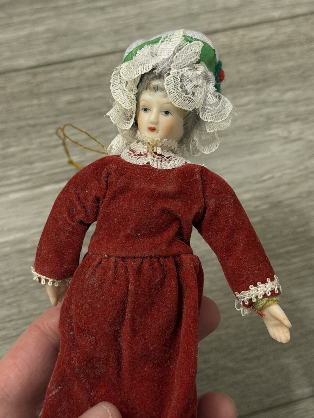 VTG Victorian Style Porcelain Woman Doll Red Velvet Dress/Holly Bonnet Ornament