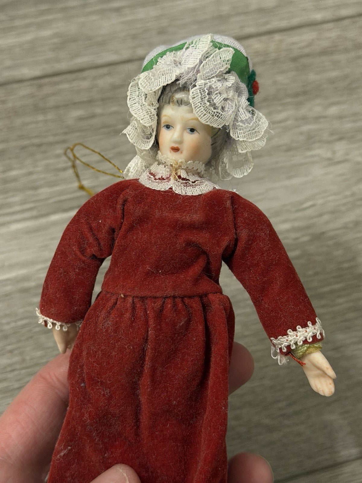 VTG Victorian Style Porcelain Woman Doll Red Velvet Dress/Holly Bonnet Ornament