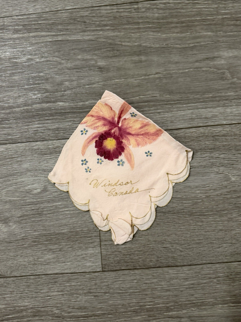 Vintage Windsor Canada Hankerchief Souvenir Hand Painted Pink Floral Hankie