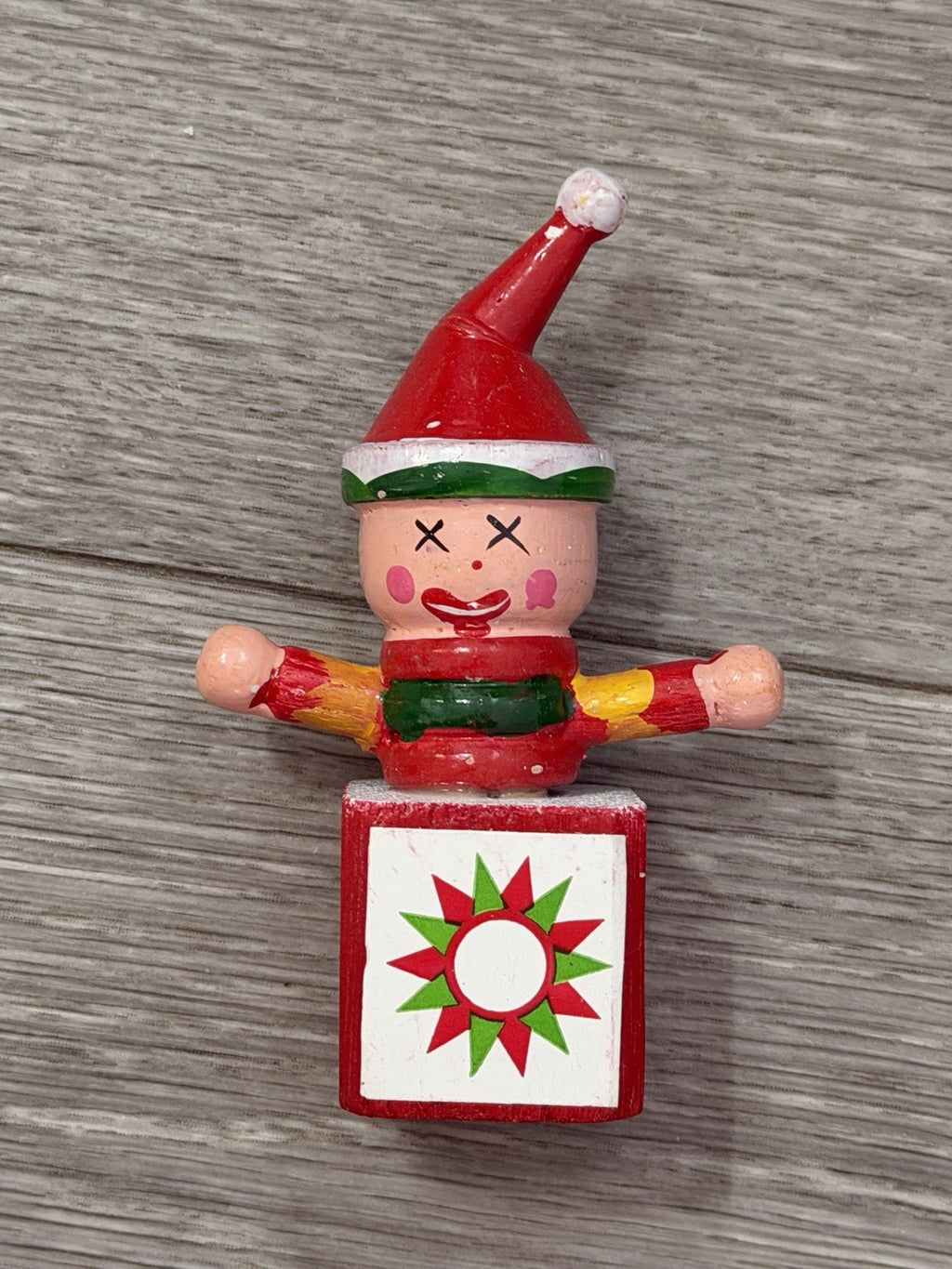 Vintage Wooden Jack In The Box Clown  Red Green Christmas Ornament ~ Taiwan