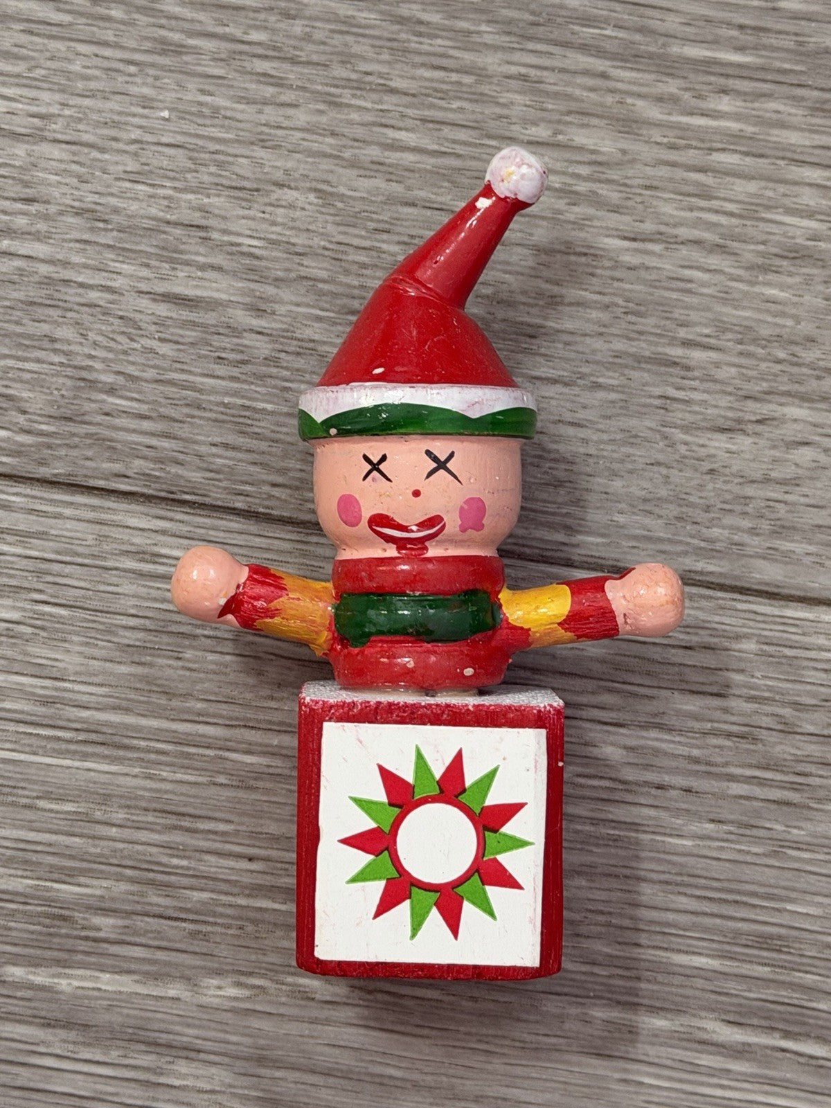 Vintage Wooden Jack In The Box Clown  Red Green Christmas Ornament ~ Taiwan