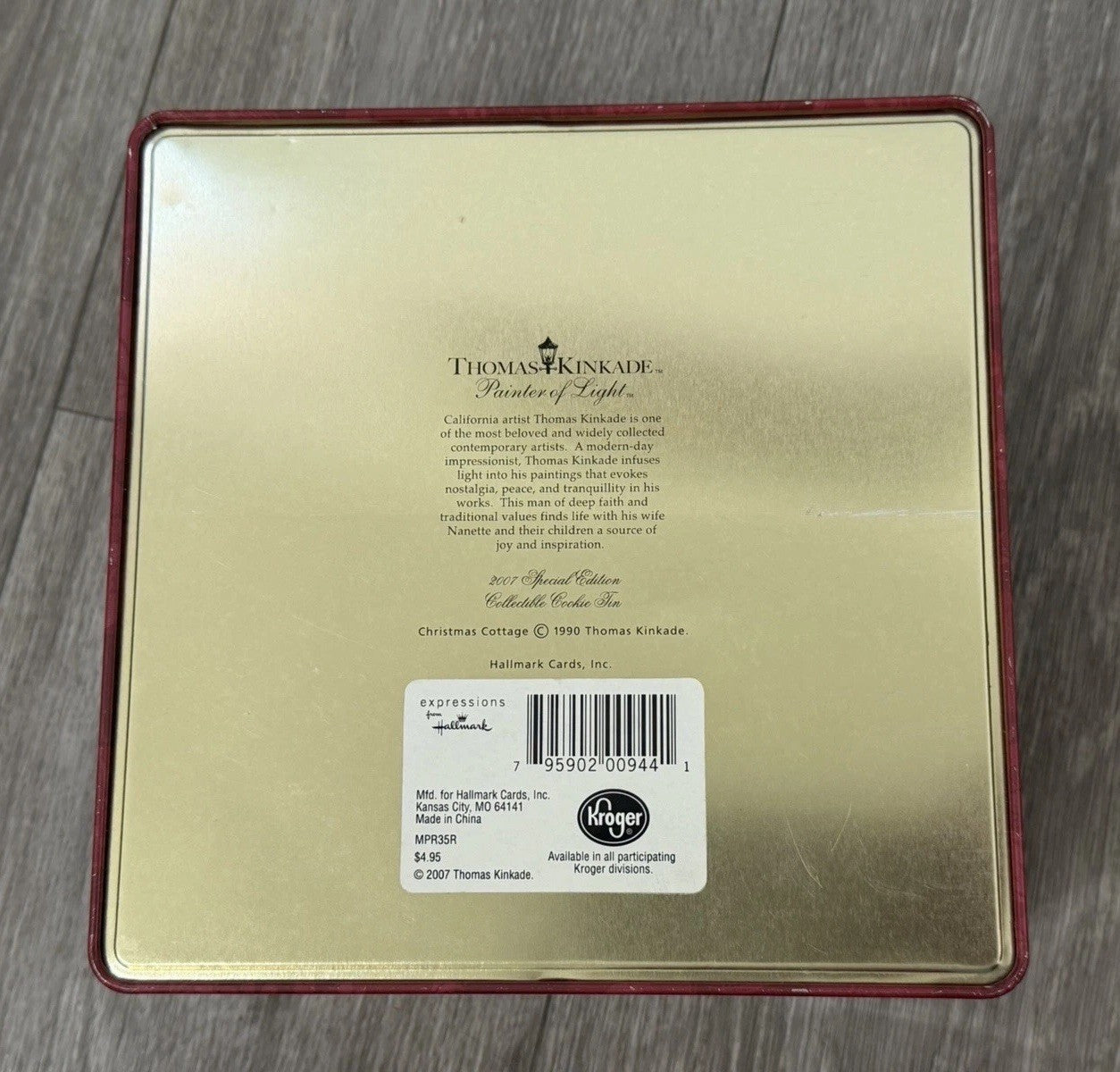 Hallmark/Kroger Thomas Kinkade Maroon/Gold Scenic Square Metal Tin, 7.5x7.5”