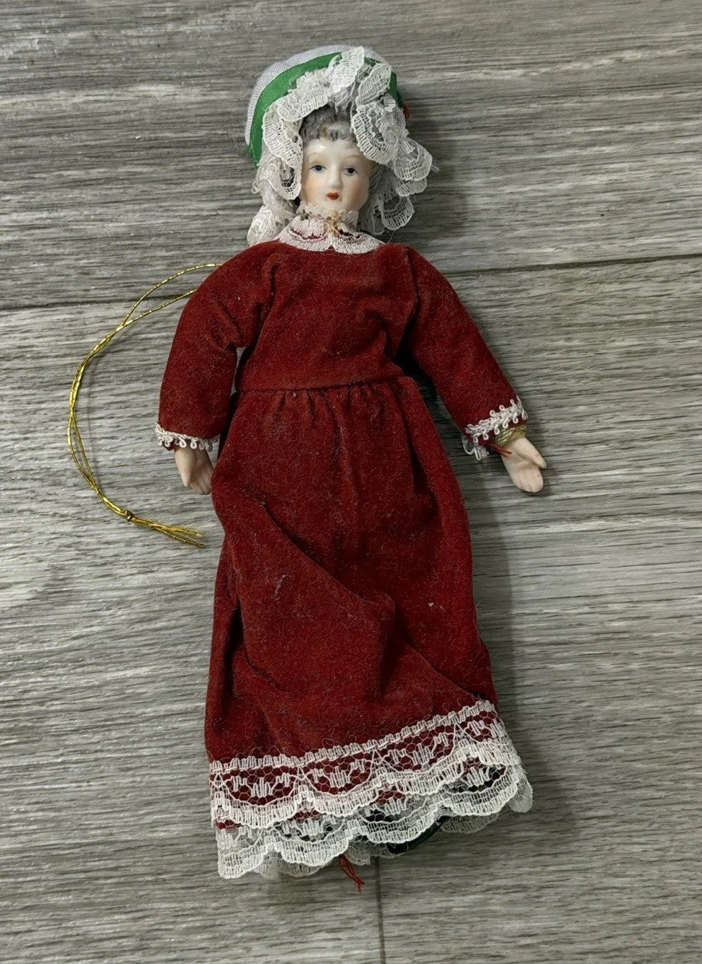 VTG Victorian Style Porcelain Woman Doll Red Velvet Dress/Holly Bonnet Ornament