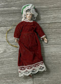 VTG Victorian Style Porcelain Woman Doll Red Velvet Dress/Holly Bonnet Ornament