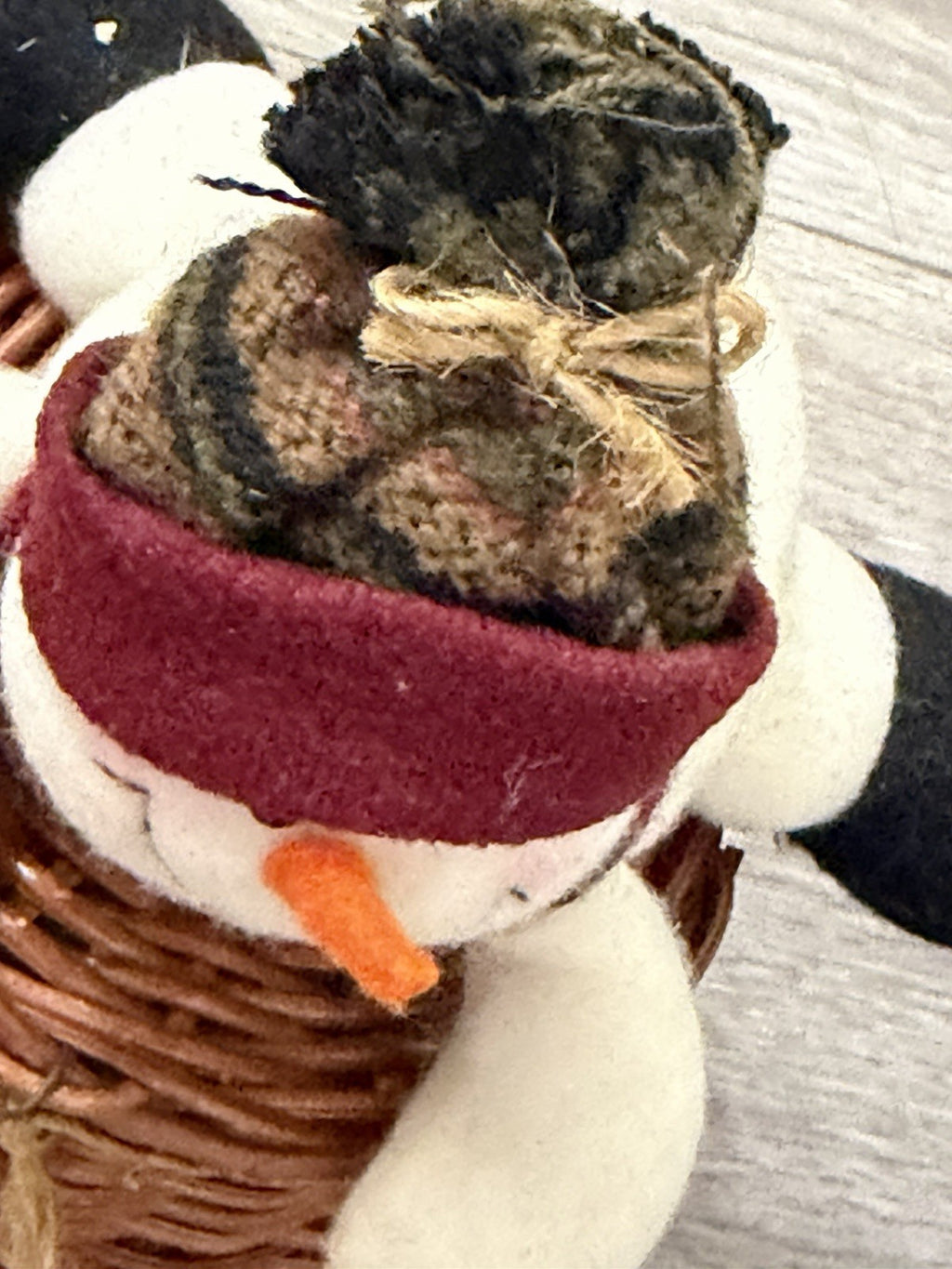 Vintage Adorable Winter Christmas Stuffed Snowman Wicker Basket With Lid 5”