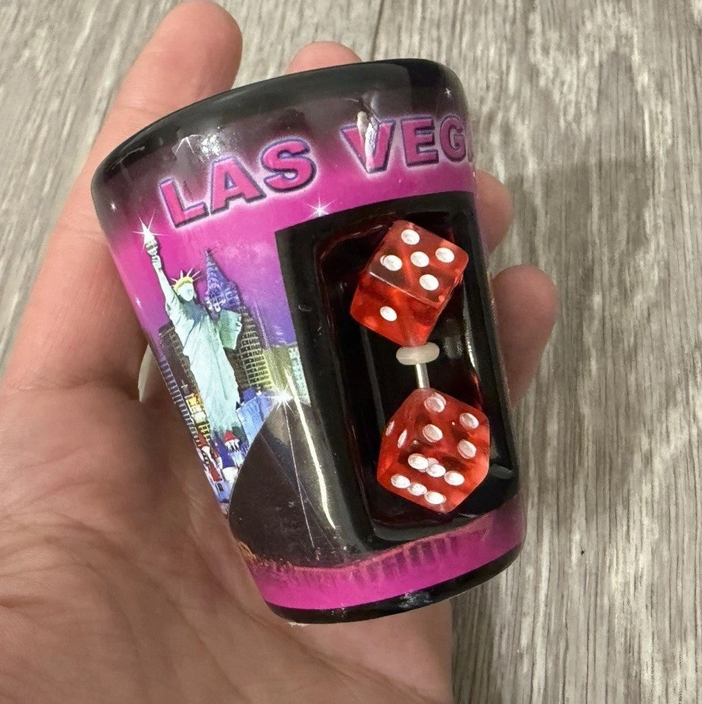 E - Shot Glass - 2.5" Black Las Vegas with inserted Dice