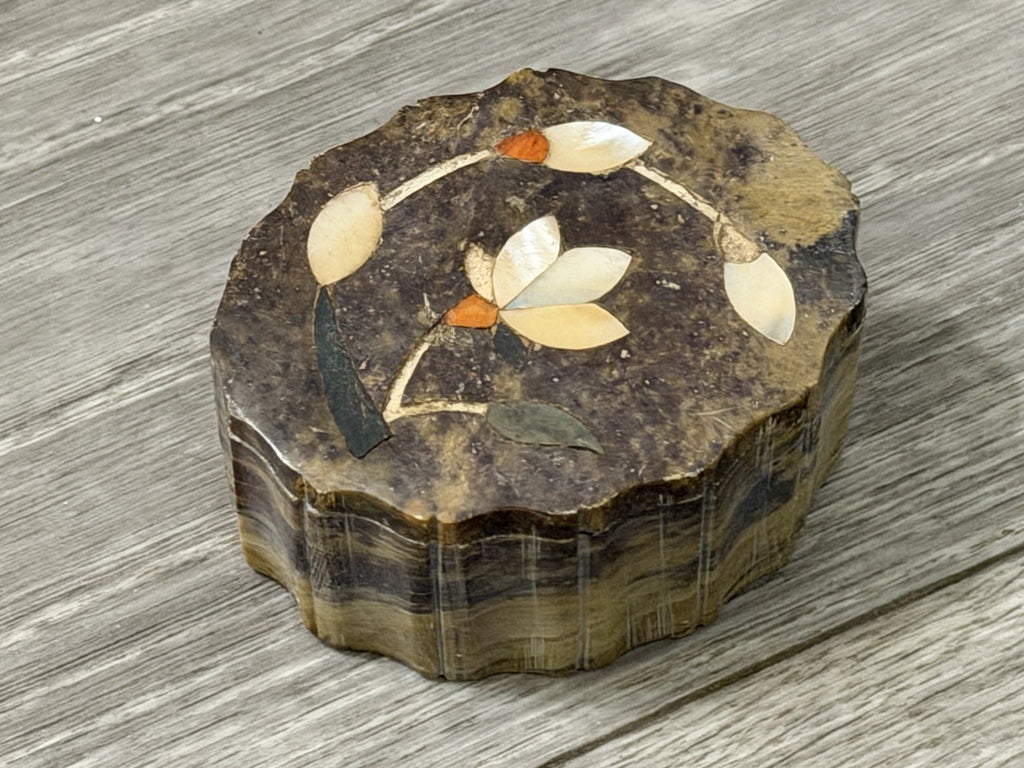 Vintage Stone Trinket Box Abalone Inlay Made In India 3” X 2.25” X 1.5” Tall