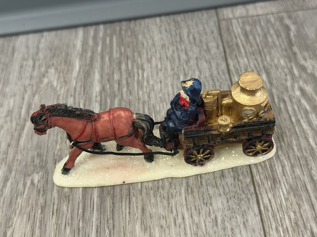 Horse-Drawn Fire Pumper Wagon w/ Firefighter, Vintage Christmas Village Figurine