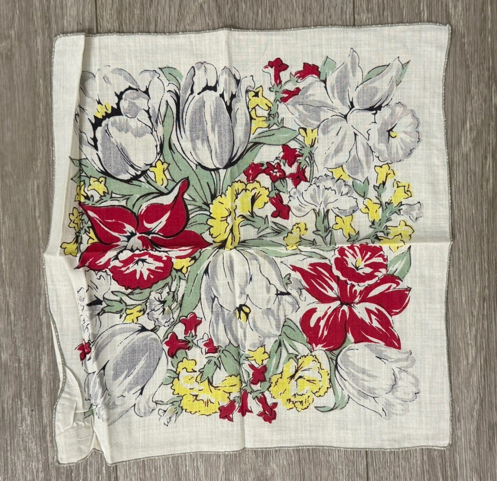 Womens Vintage Boho Floral Easter Spring Flowers Hankie, Handkerchief 11.5 X 11”