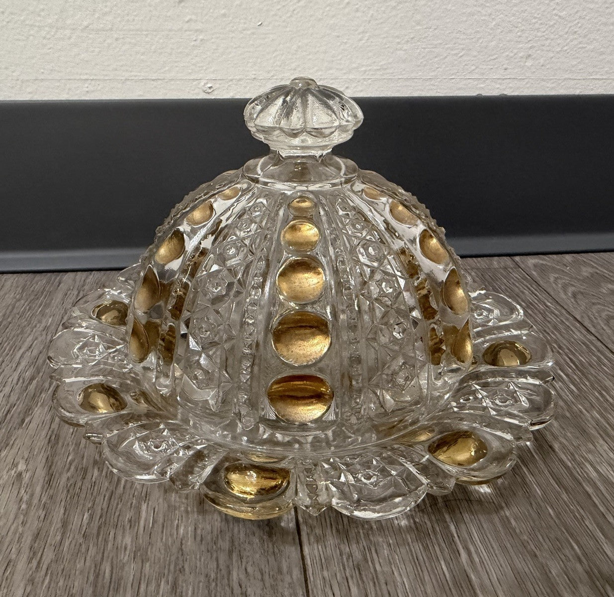 Vintage Good Drops Butter Dish w/ Domed Lid - Gold/Pressed Glass Has Chips