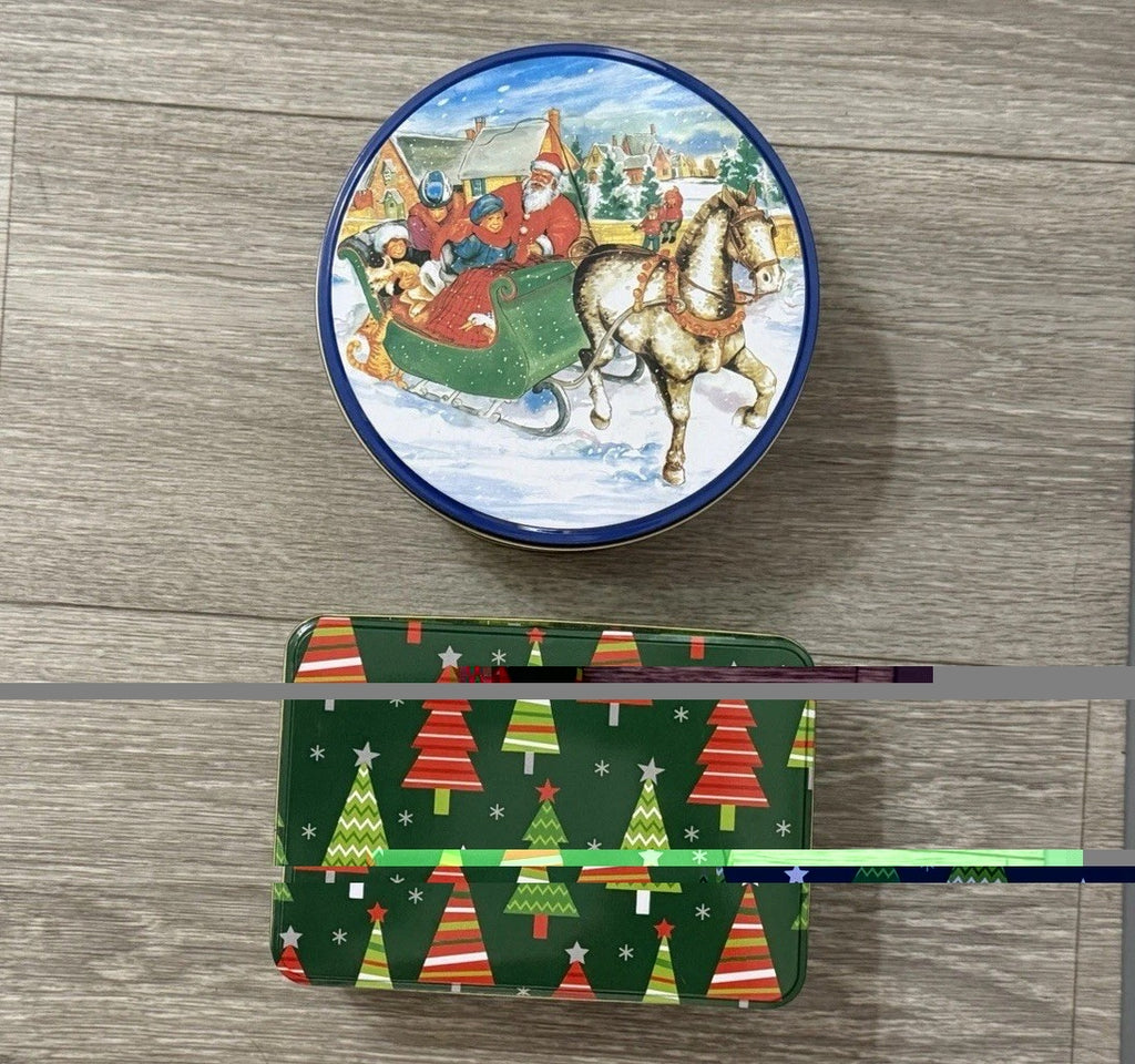 2 Christmas Tins Rnd & Rectangle 6” Diameter & 6.5”x 4.25” Used Great Condition