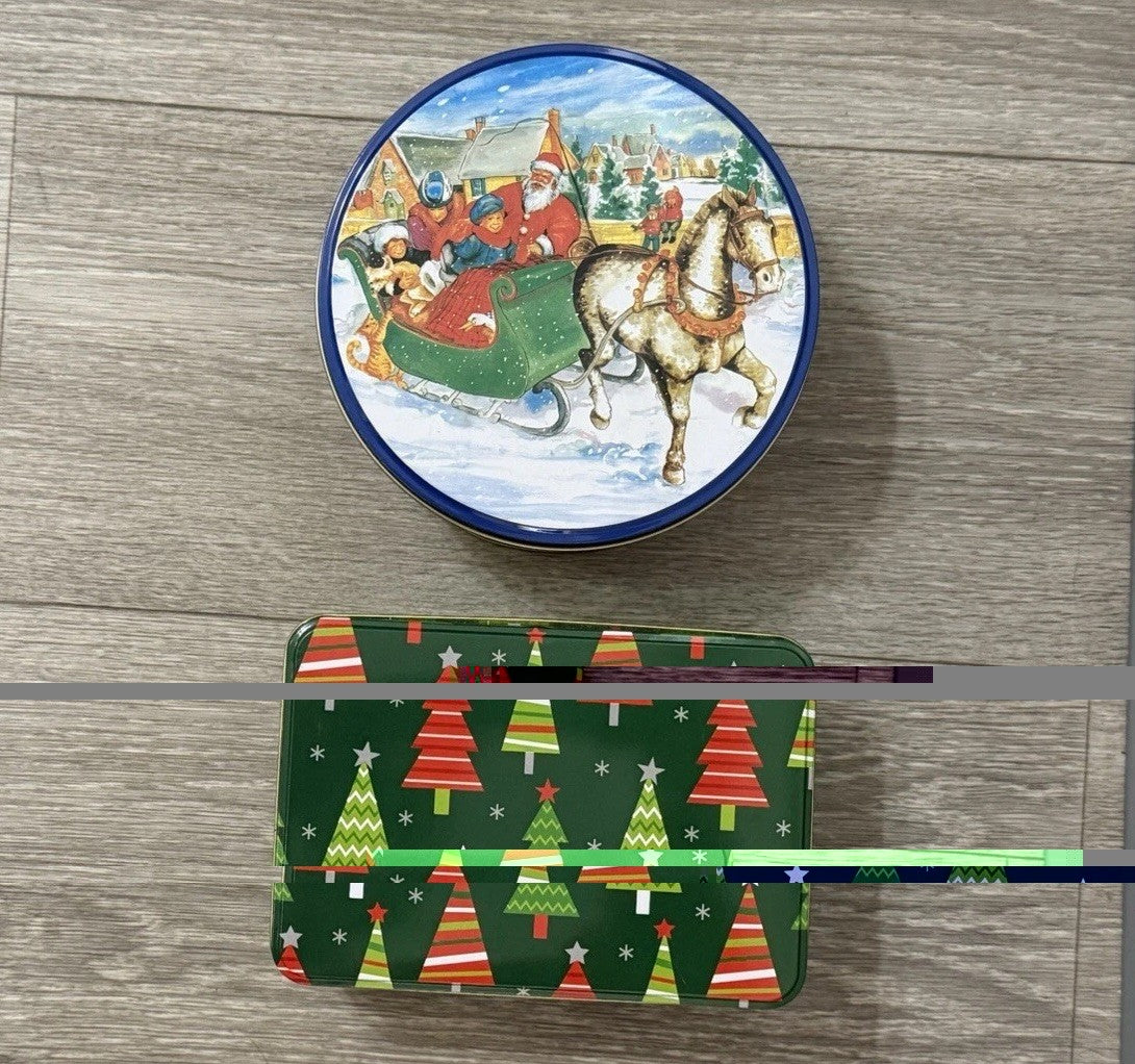 2 Christmas Tins Rnd & Rectangle 6” Diameter & 6.5”x 4.25” Used Great Condition
