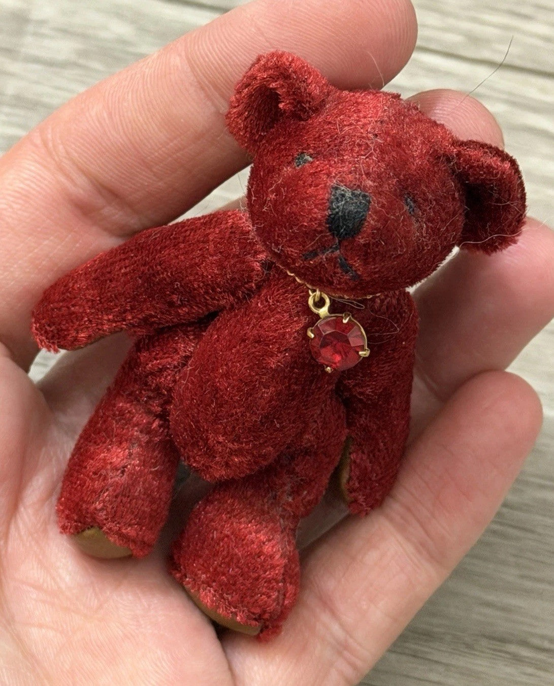 1982 Miniature Jointed Ruby Velvet Purple Teddy Bear Wearing A Necklace