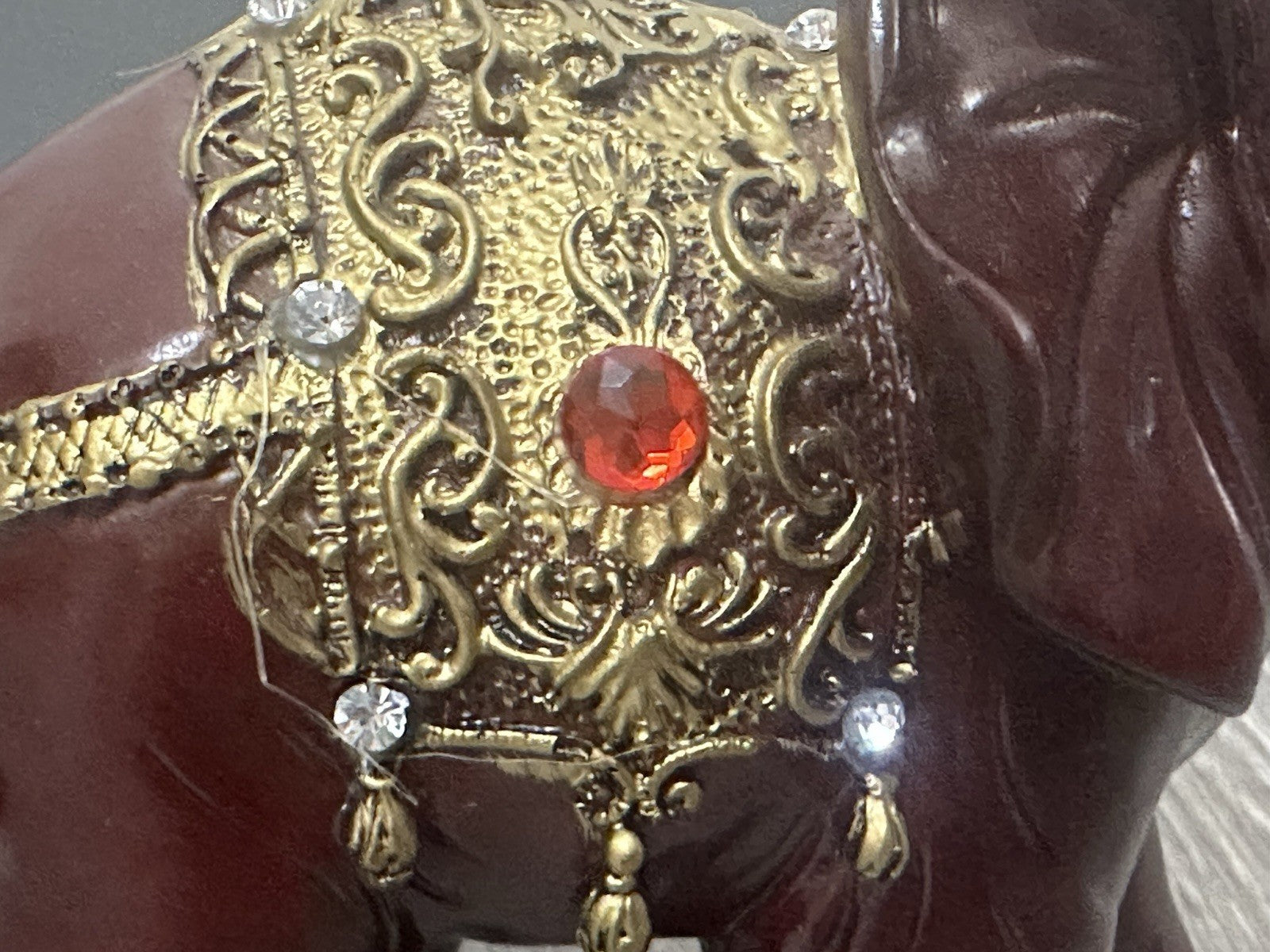 Ornate Decorative Elephant Figurine Red Resin with Gold Accents - Missing 1 Gem