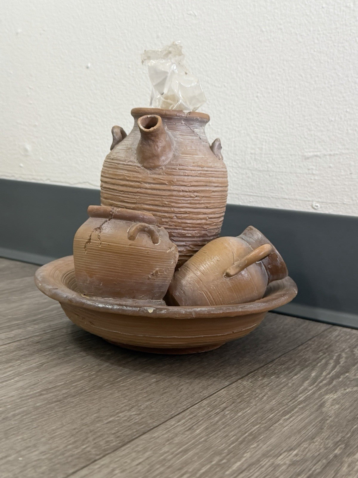 Tabletop Water Fountain Rustic Faux Pottery Sculpture– Folk Art Decor