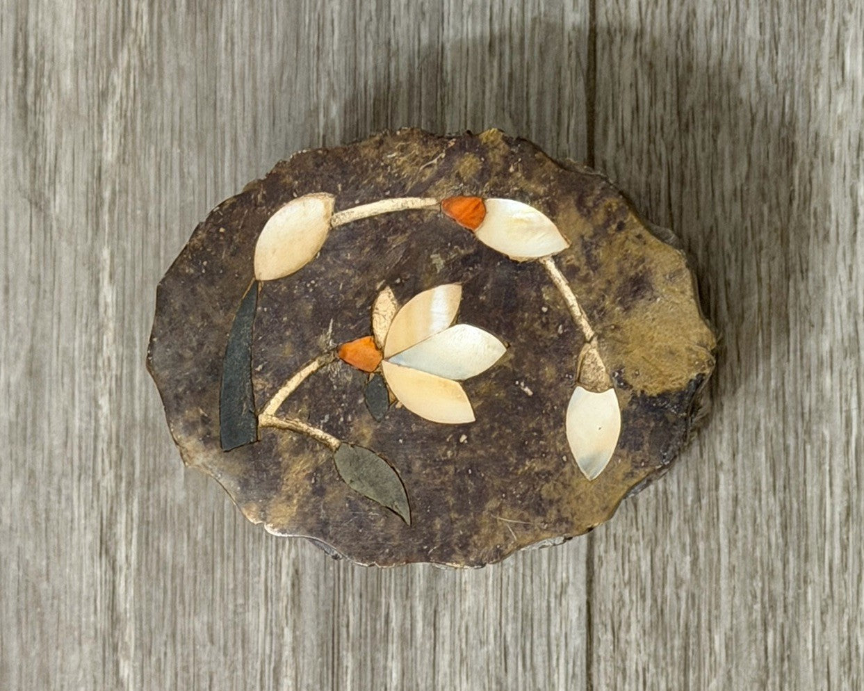 Vintage Stone Trinket Box Abalone Inlay Made In India 3” X 2.25” X 1.5” Tall