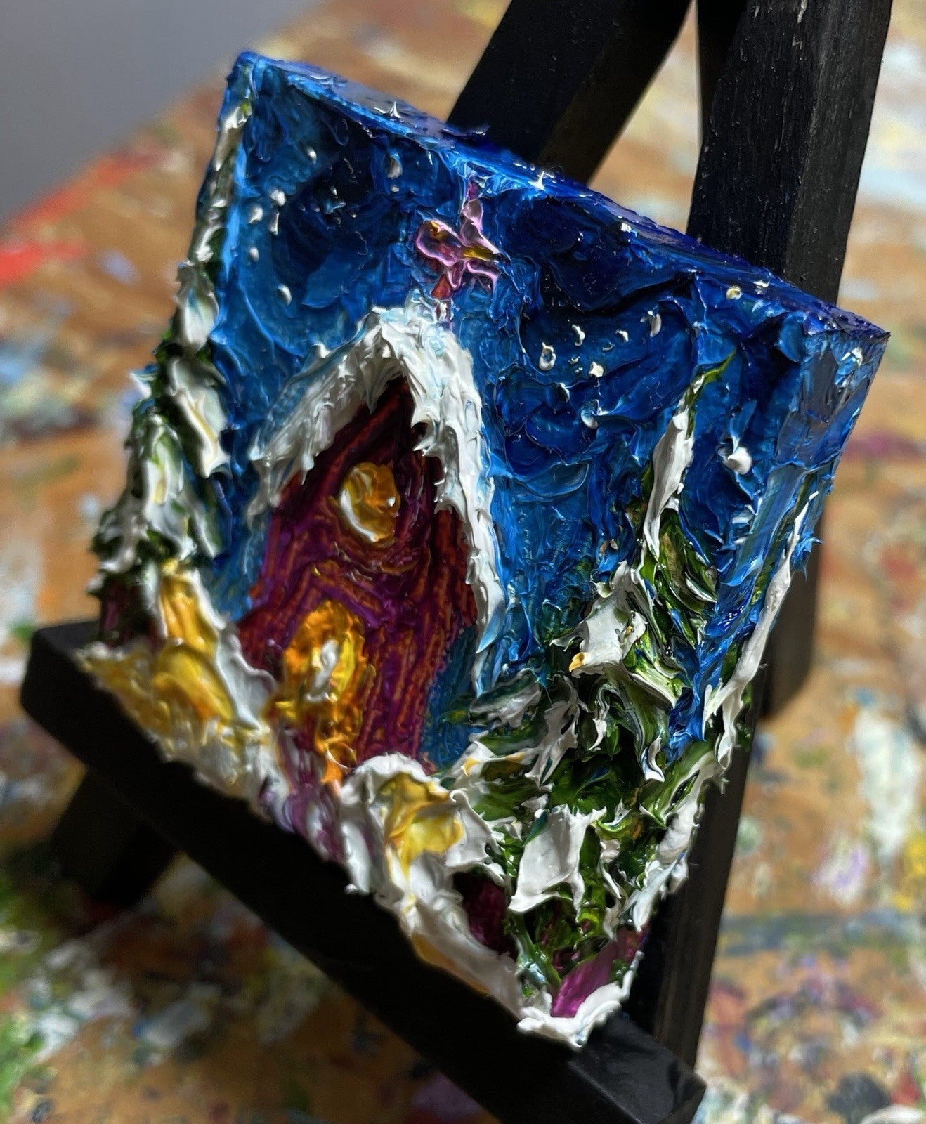 ‘Church In The wild Woods’ New mini oil painting original By Paris Llanso 2x2”