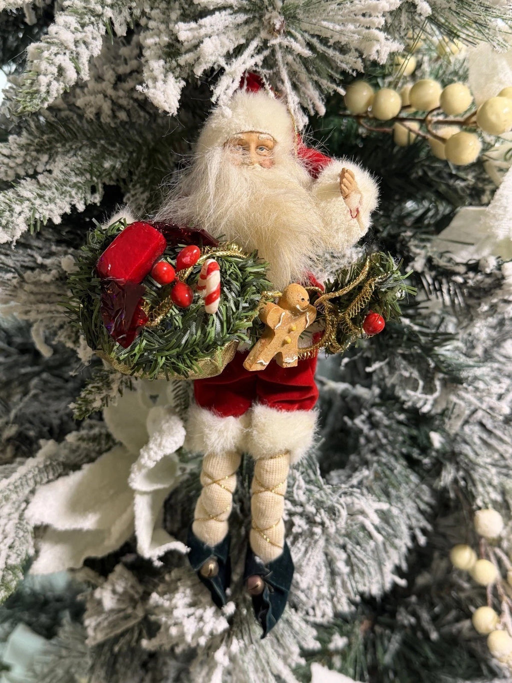 Vintage Porcelain Santa Doll With Pack Christmas Tree Ornament 8.25” Tall