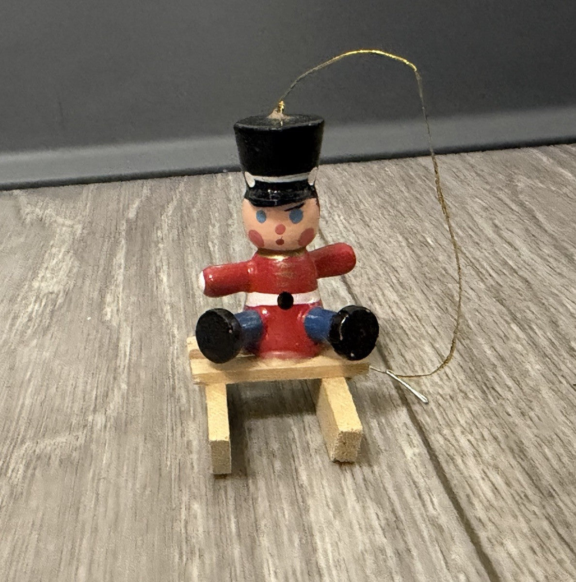 Vintage Tiny Christmas Ornament Boy On A Wooden Sled Handmade Hand Painted
