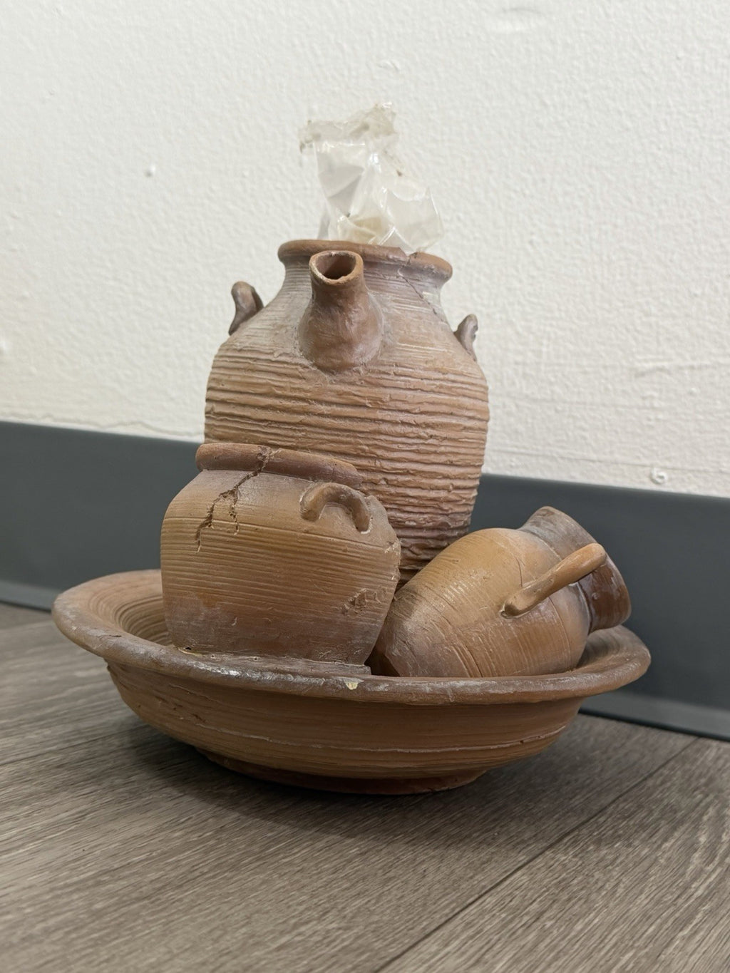 Tabletop Water Fountain Rustic Faux Pottery Sculpture– Folk Art Decor