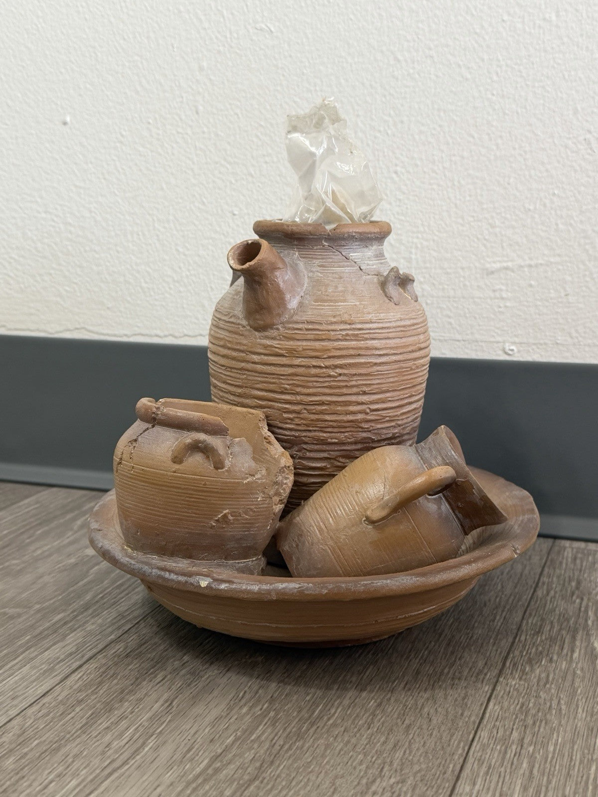 Tabletop Water Fountain Rustic Faux Pottery Sculpture– Folk Art Decor