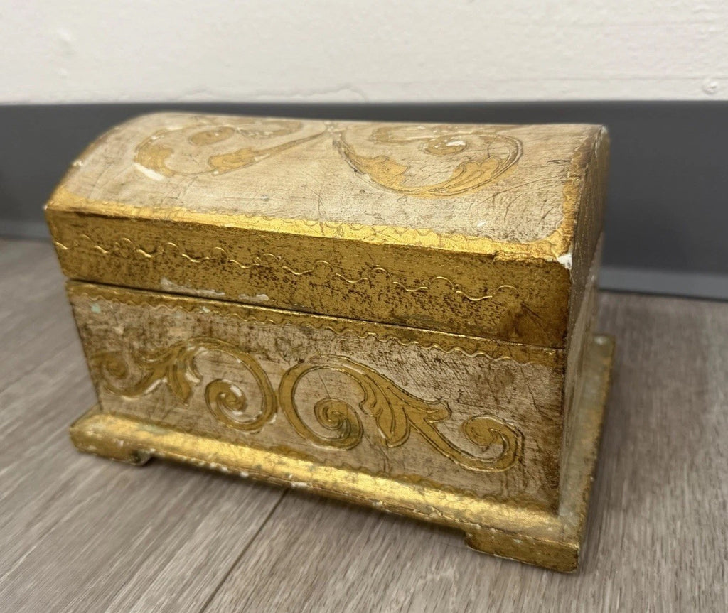Vintage Domed Wood Gold Gilt Italian Florentine Footed Trinket Box 8”x5”x4.75”