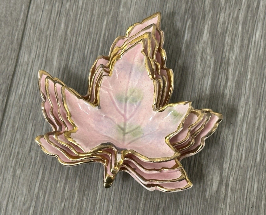 Vintage Ceramic set of 4 Nesting Maple Leaf Dishes 4 inches Pink And Gold