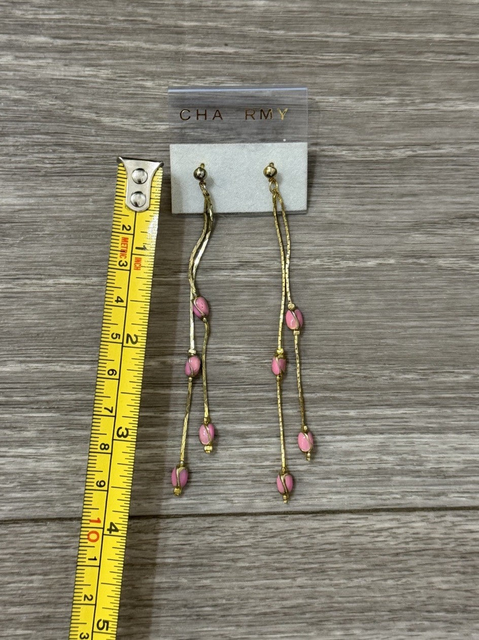 Beaded Drop Dangle Earrings Pink Gold Tone Metal Accent Chains Vintage Fashion