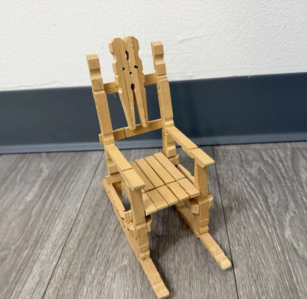 Vintage Folk Art Wooden Clothespin Handmade Doll Rocking Chair Rustic Farmhouse