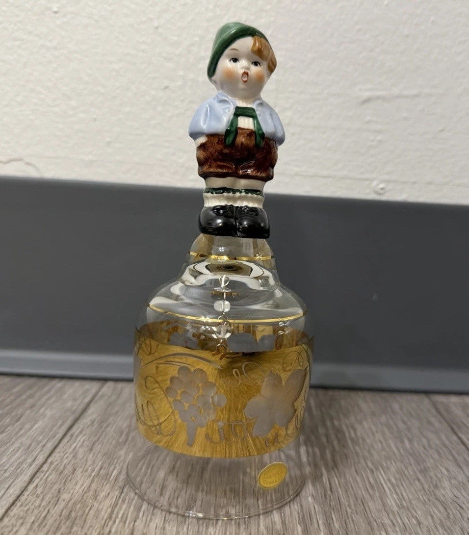 Vintage Goebel Western Germany Etched Crystal Glass Bell Ceramic Boy Handle