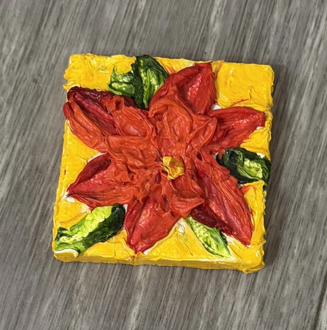 ‘Pointsettia’ Christmas Mini Oil Painting Magnet By Paris Wyatt Llanso 2x2”