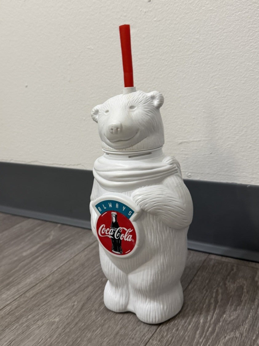Vintage Coca Cola Polar Bear Water Bottle w/ Red Straw 