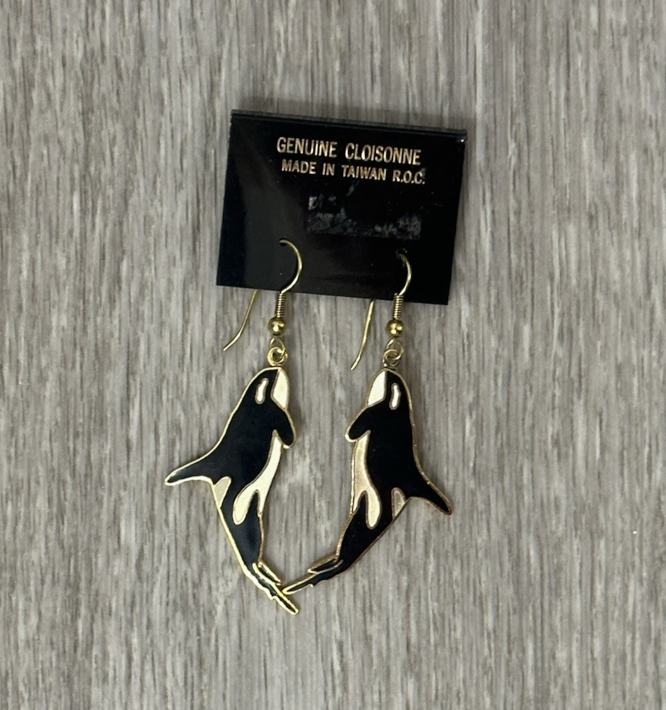 Vtg Goldtone Enamel Dolphin Drop Dangle Pierced Earrings 1.5"