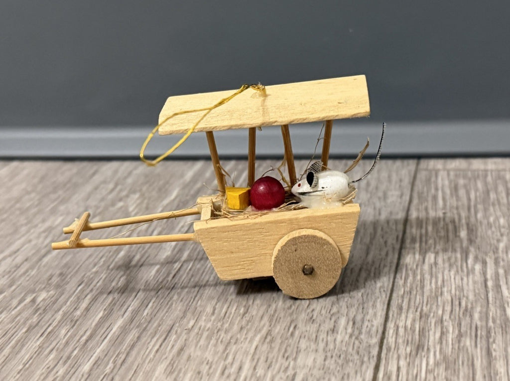 Vintage Pull Cart Christmas Ornament With Mouse Cheese And Apple