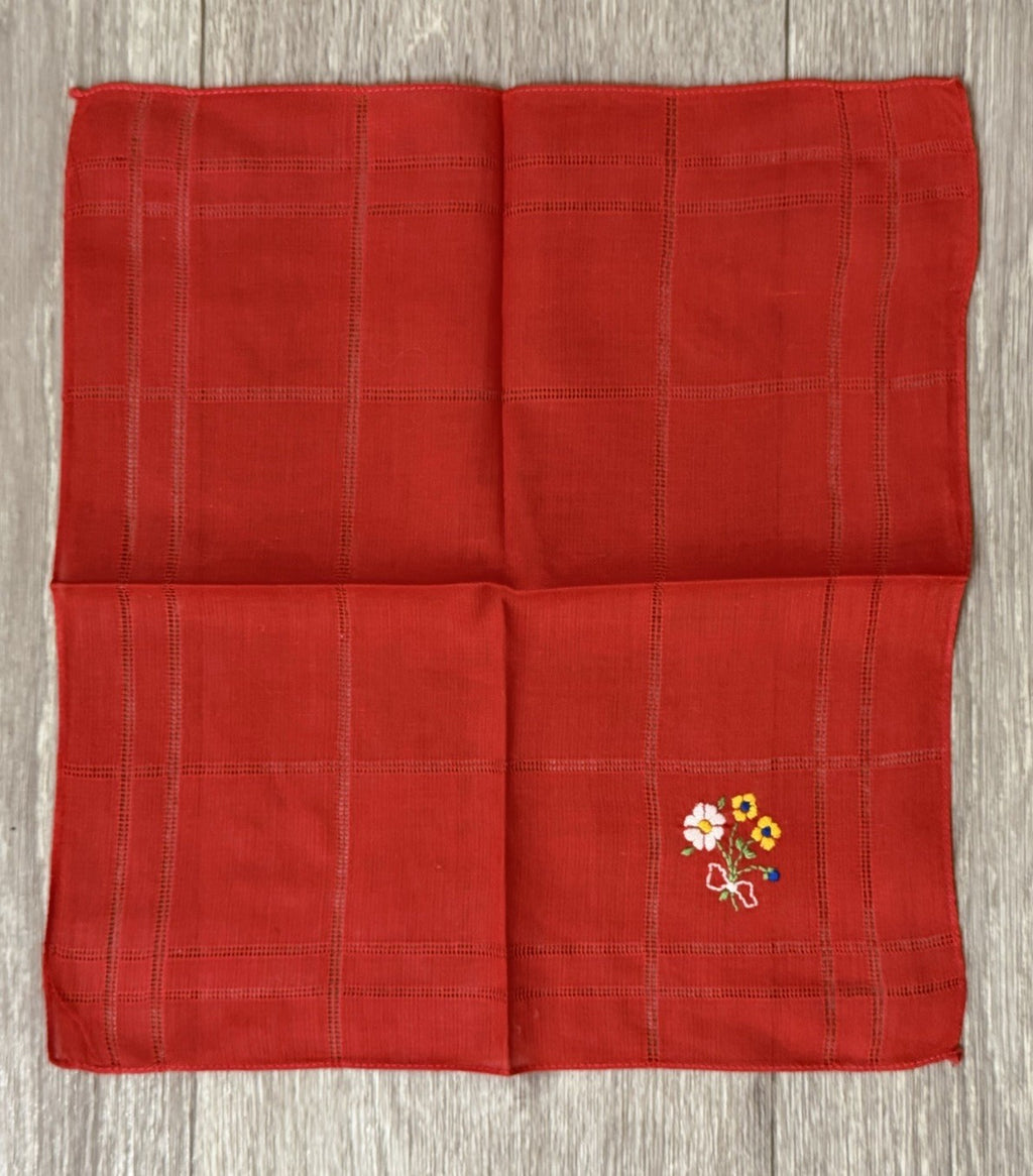 Vintage Bright Red Handkerchief Hanky With Embroidered Flowers Floral For Women