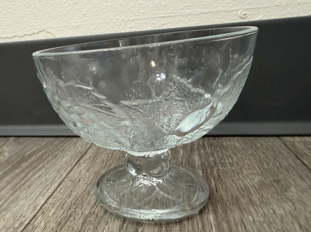 Vintage Footed Glass Bowl W/ Apples & Grapes Fruit Design Holiday Candy Dish