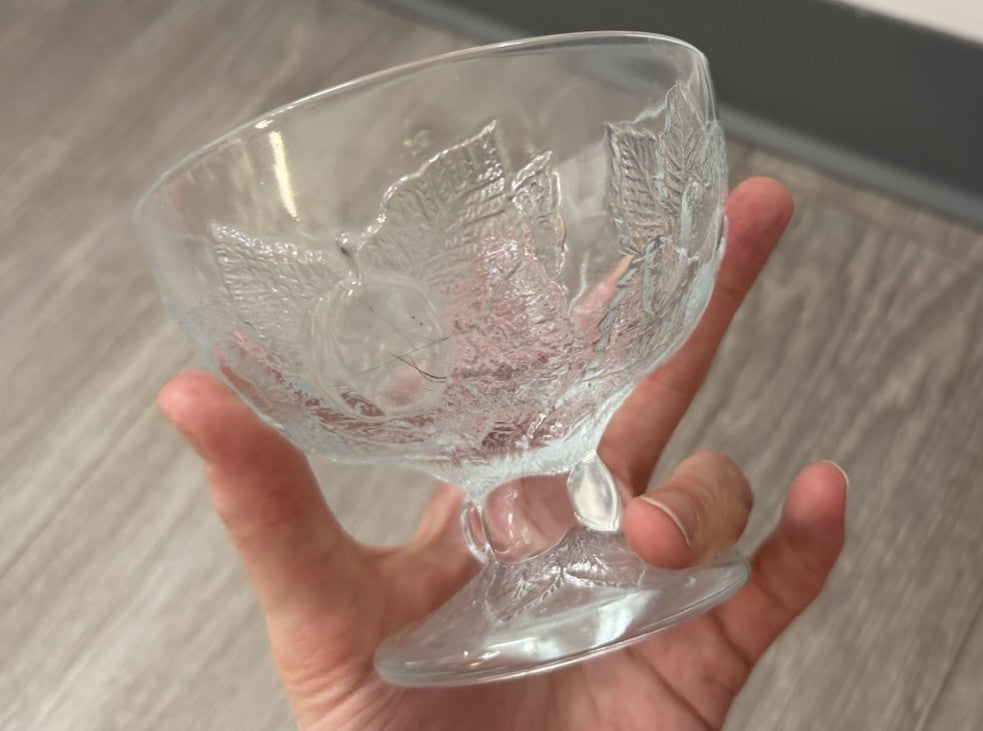 Vintage Footed Glass Bowl W/ Apples & Grapes Fruit Design Holiday Candy Dish