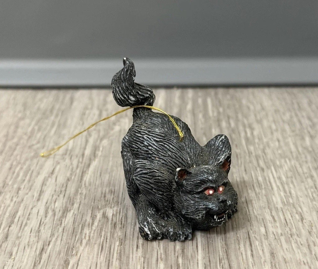 Vintage Small 1.75" Scary Resin Black Cat Hanging Ornament