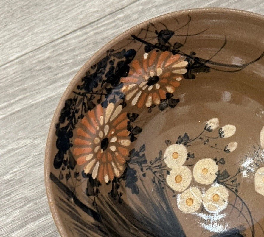 Vintage Japanese Retro Floral Bowl Ceramic Serving Bowl Brown READ