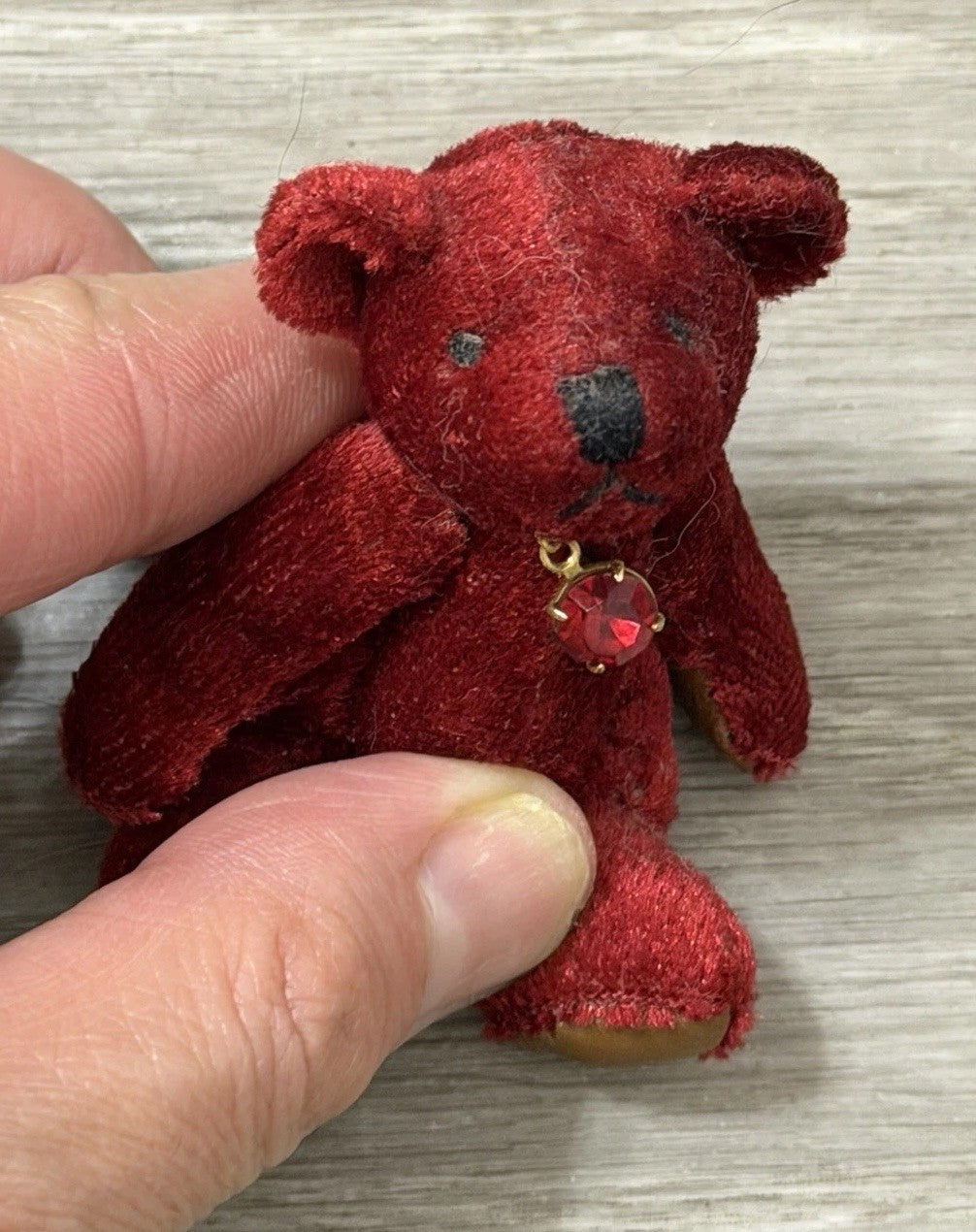 1982 Miniature Jointed Ruby Velvet Purple Teddy Bear Wearing A Necklace